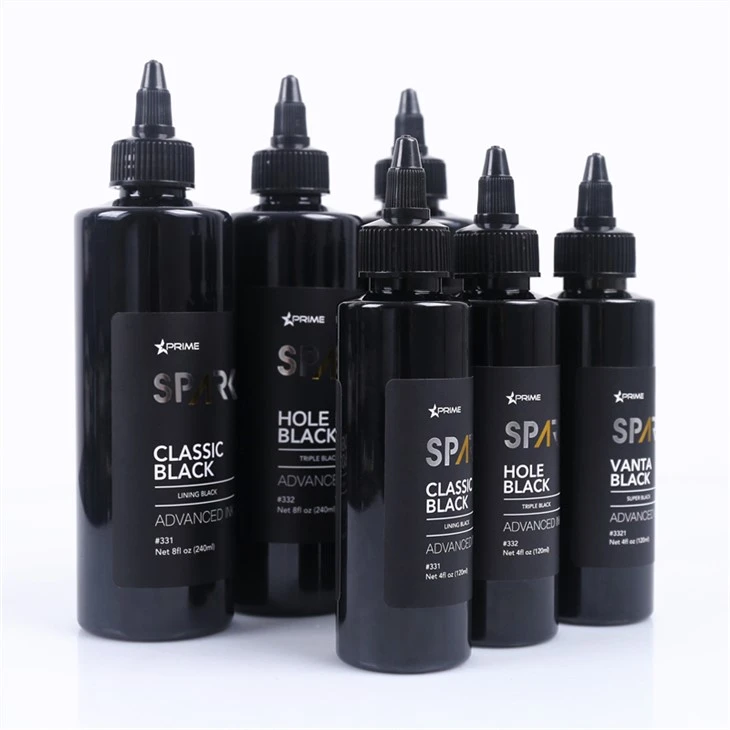 Conjunto de tinta de tatuagem tripla preta com furo preto de 8 onças série de tinta preta faísca